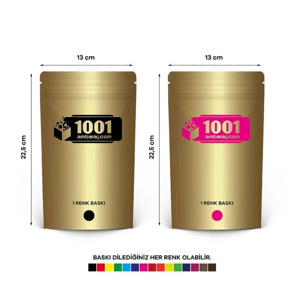 13X22,5 Cm 2 Baskılı Gold ( Altın ) Renkli İki Taraf Tek Renk Doypack Torba 250 Gr /22/