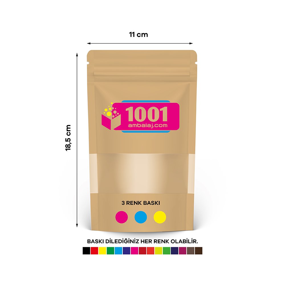 11X18,5 Cm 3 Baskılı Kraft Renkli Pencereli Tek Taraf Üç Renk Doypack Torba 100 Gr /38/