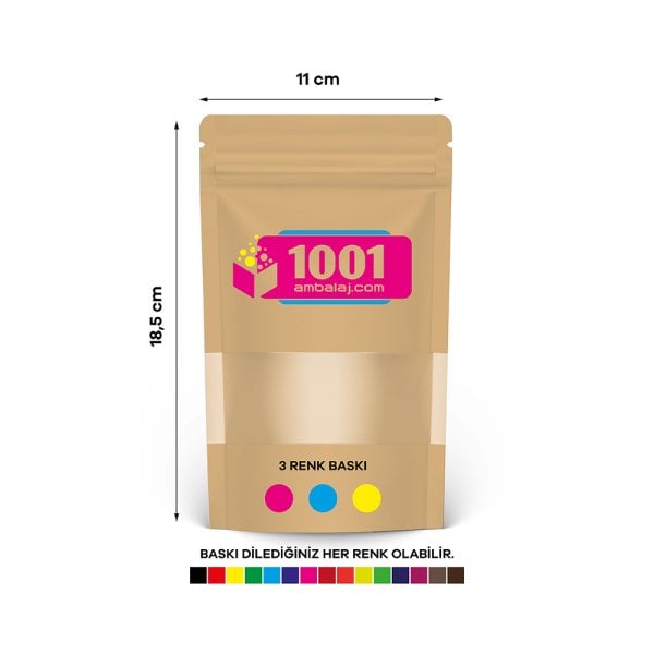 11X18,5 Cm 3 Baskılı Kraft Renkli Pencereli Tek Taraf Üç Renk Doypack Torba 100 Gr /38/