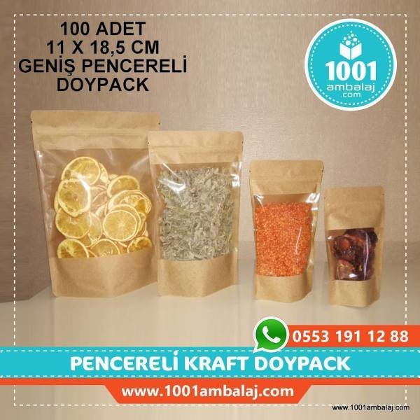 11X18,5 Cm Kraft Geniş Pencereli 100 Adet Kilitli Doypack Torba 100 Gr /44/