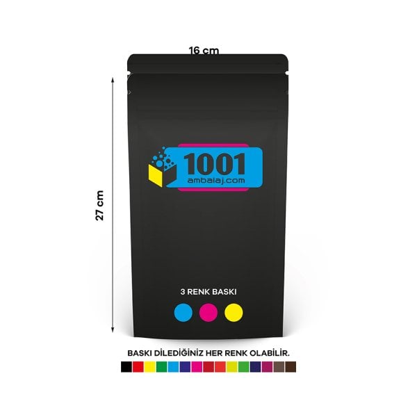 16X27 Cm 3 Baskılı Mat Siyah Renkli Tek Taraf Üç Renk Doypack Torba 500 Gr /68/