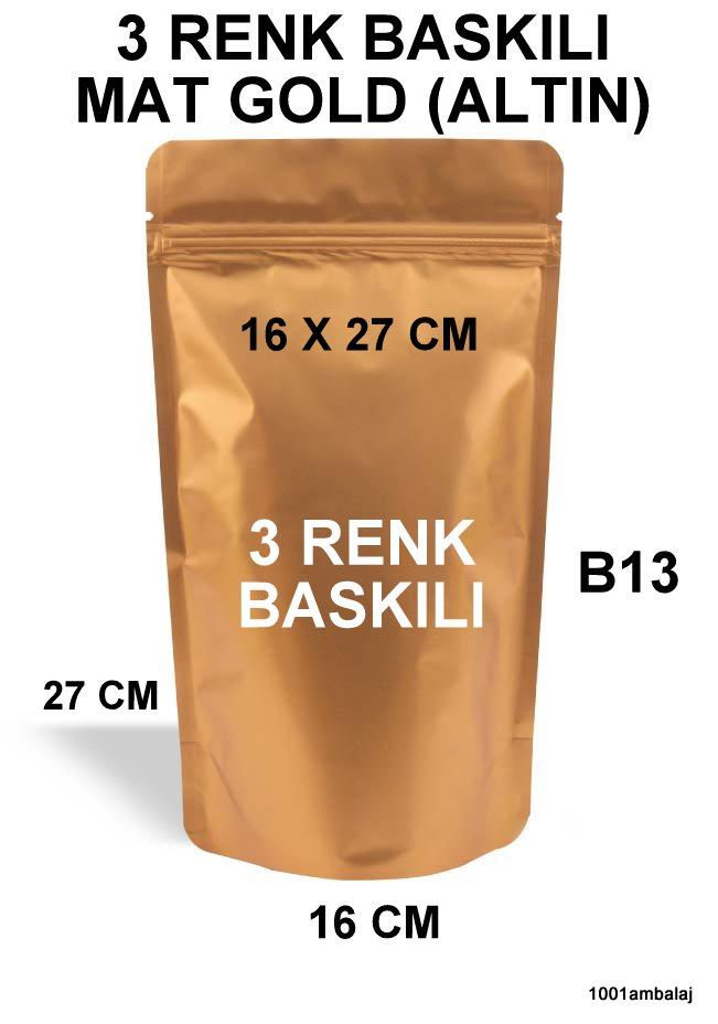 16X27 Cm 3 Baskılı Mat Gold ( Altın Renkli ) Tek Taraf Üç Renk Doypack Torba 500 Gr /27/