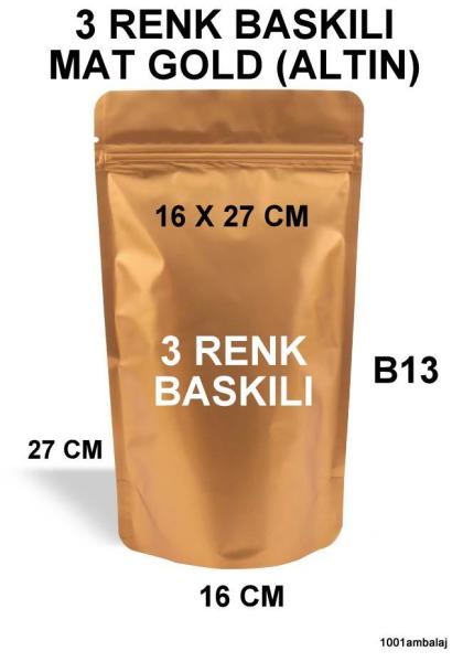 16X27 Cm 3 Baskılı Mat Gold ( Altın Renkli ) Tek Taraf Üç Renk Doypack Torba 500 Gr /27/