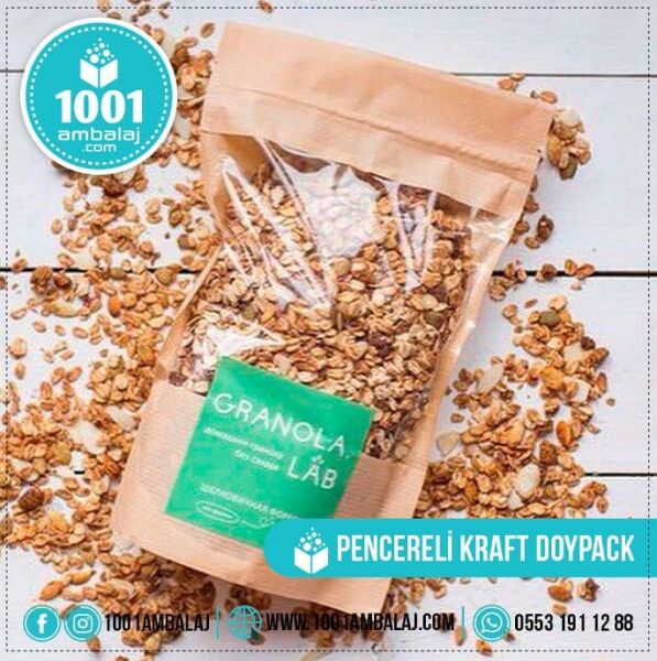 20X30 Cm Kraft Renk Doypack Torba Geniş Pencereli /47/
