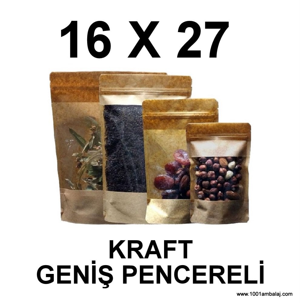 16X27 Cm Kraft Renk Doypack Torba Geniş Pencereli /46/