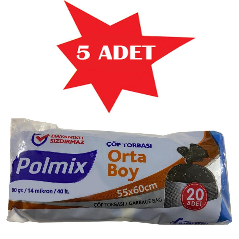Çöp Torbası Polmix Orta Boy 80 Gram 55X60 Siyah 5 Paket