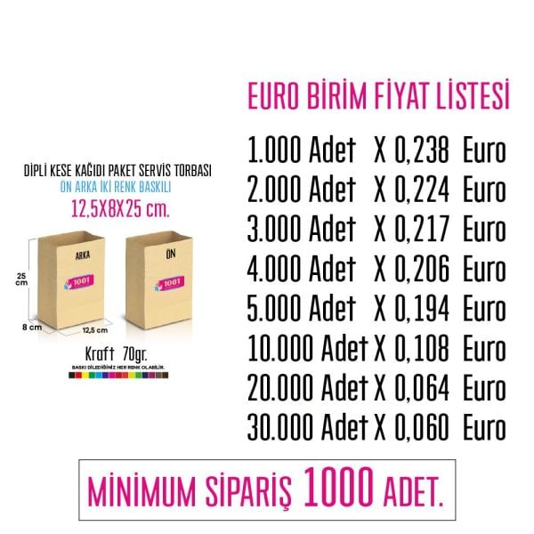 İki Taraf İki Renk Baskılı 12,5X8X25 Cm Kese Kağıdı Fast Food Menu Servis Paket Torbası Kraft Renk