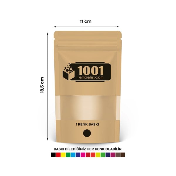 11X18,5 Cm 1 Baskılı Kraft Renkli Pencereli Tek Taraf Tek Renk Doypack Torba 100 Gr /38/