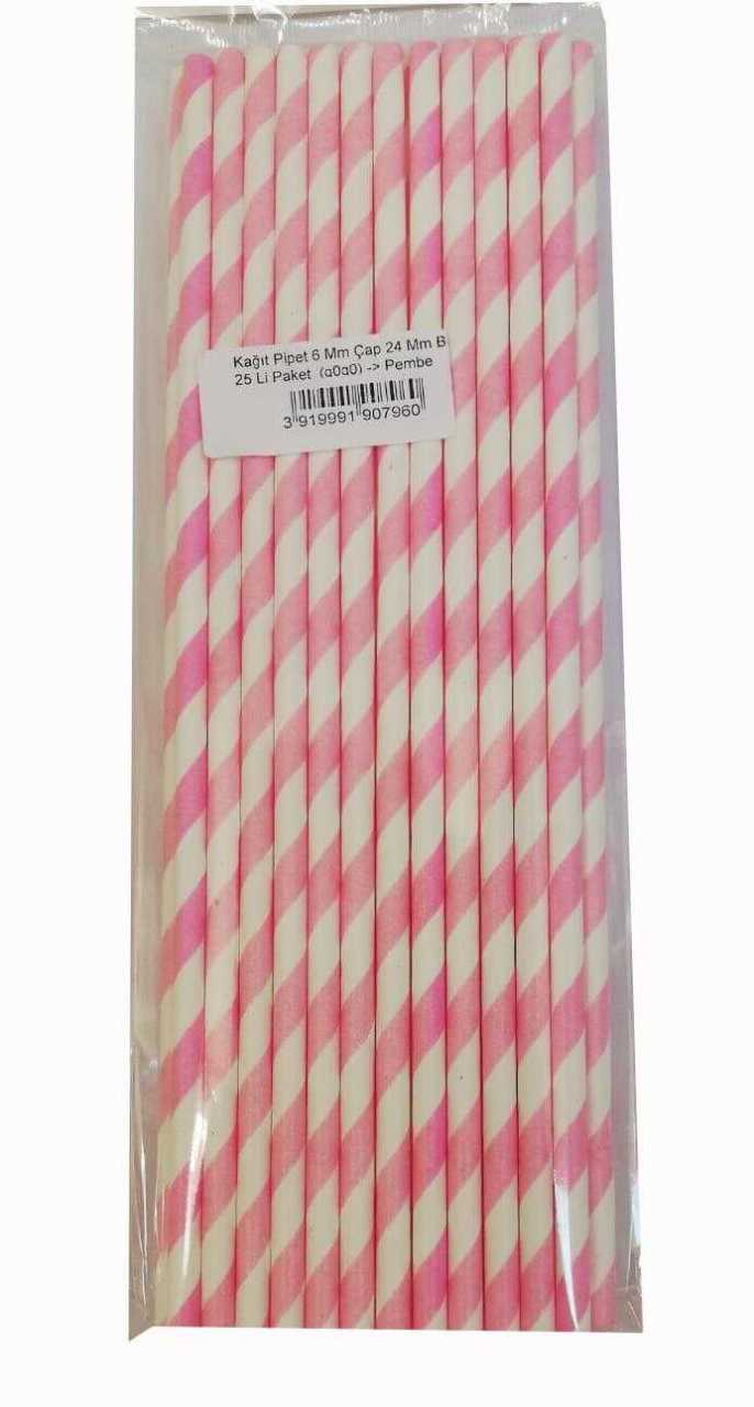 kağıt Pipet 6 Mm 24 Cm Boy 25 Li Paket Pembe Beyaz 1 Paket