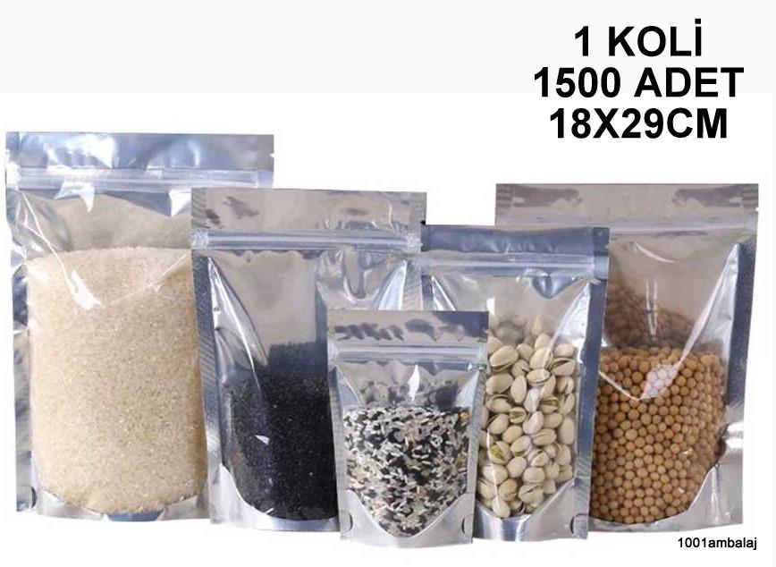 18X29 Cm Ön Şeffaf Arka Metalize 1 Koli 1500 Adet Kilitli Doypack Torba 750 Gr /59/