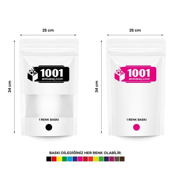 25X34 Cm 2 Baskılı Beyaz Renkli Pencereli İki Taraf Tek Renk Doypack Torba 1500 Gr /14/