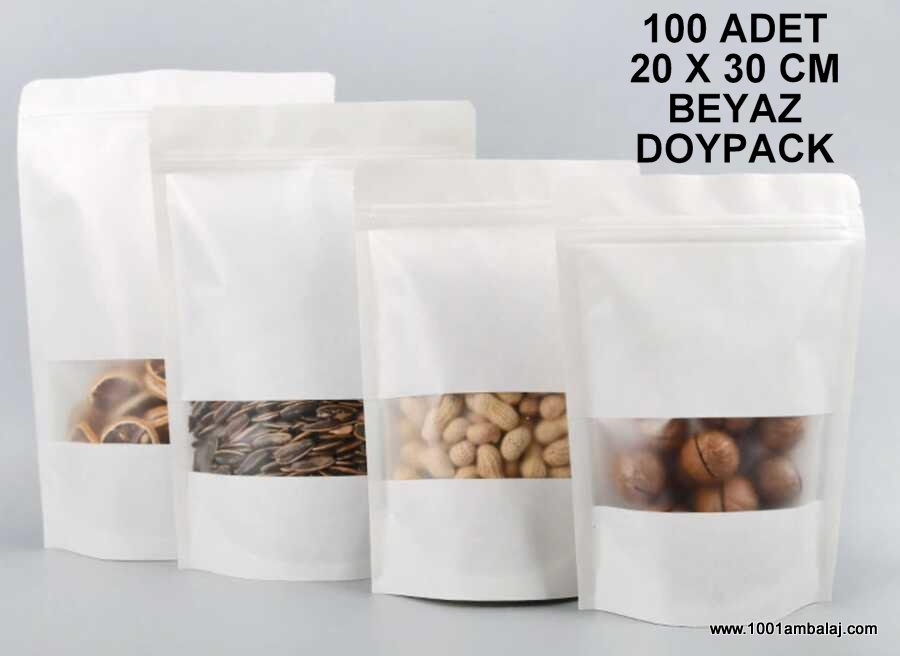 20X30 Cm Beyaz Pencereli 100 Adet Kilitli Doypack Torba 1000 Gr /13/
