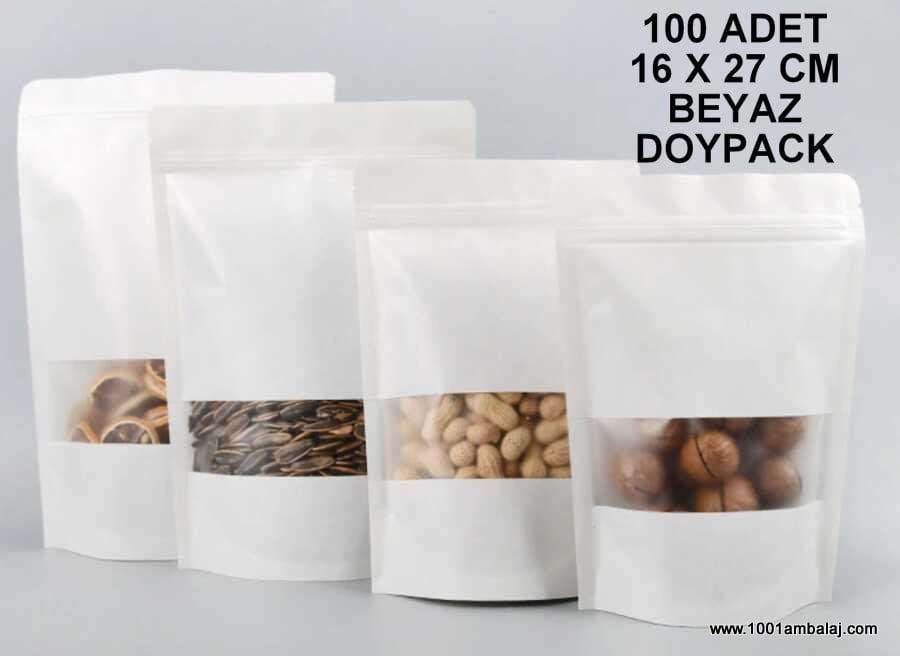 16X27 Cm Beyaz Pencereli 100 Adet Kilitli Doypack Torba 500 Gr /11/