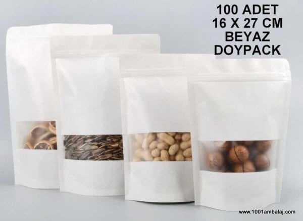 16X27 Cm Beyaz Pencereli 100 Adet Kilitli Doypack Torba 500 Gr /11/