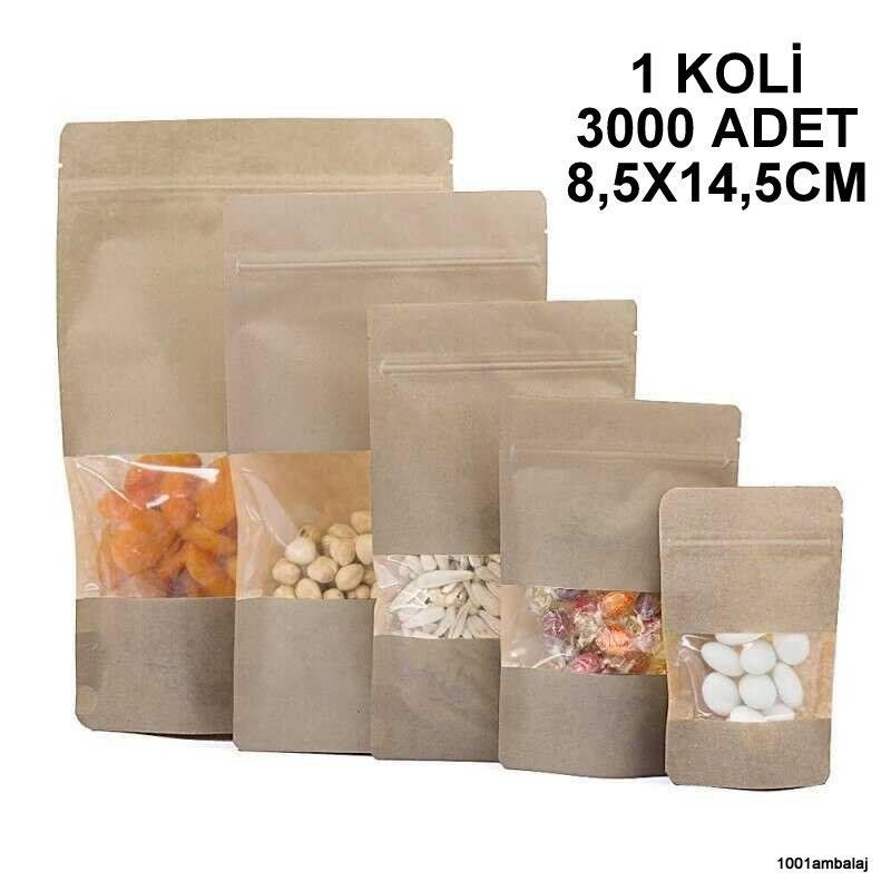 8,5X14,5 Cm Kraft Pencereli 1 Koli 3000 Adet Kilitli Doypack Torba 50 Gr /37/