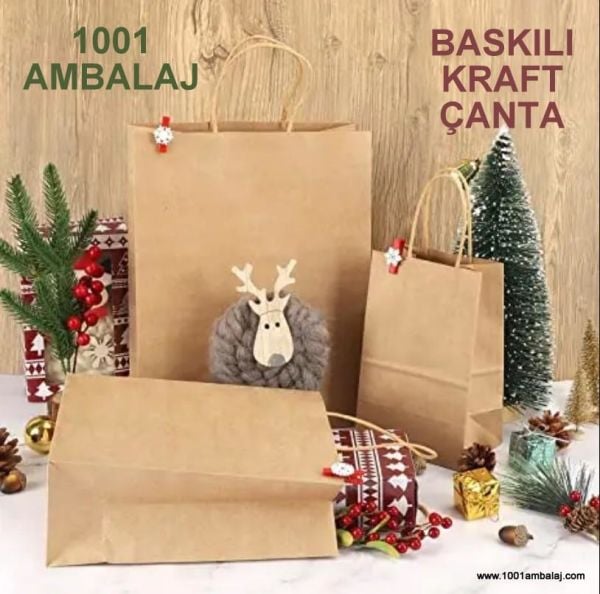 2 Renk Baskılı 27X15,5X29,5 Cm 100 Gr Kraft kağıt Çanta Kahve Renk