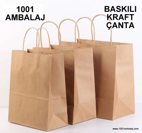 2 Renk Baskılı 27X15,5X29,5 Cm 100 Gr Kraft kağıt Çanta Kahve Renk