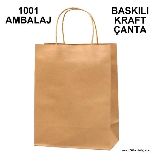 2 Renk Baskılı 27X15,5X29,5 Cm 100 Gr Kraft kağıt Çanta Kahve Renk