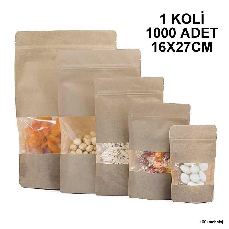 16X27 Cm Kraft Pencereli 1 Koli 1000 Adet Kilitli Doypack Torba 500 Gr /40/