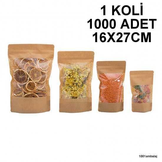 16X27 Cm Kraft Geniş Pencereli 1 Koli 1000 Adet Kilitli Doypack Torba 500 Gr /46/
