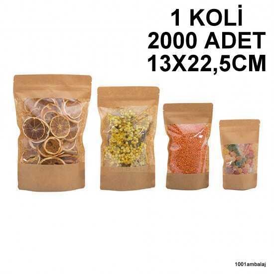 13X22,5 Cm Kraft Geniş Pencereli 1 Koli 2000 Adet Kilitli Doypack Torba 250 Gr /45/