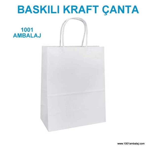 4 Renk Baskılı 32X12X41 Cm 90 Gr Kraft kağıt Çanta Beyaz Renk