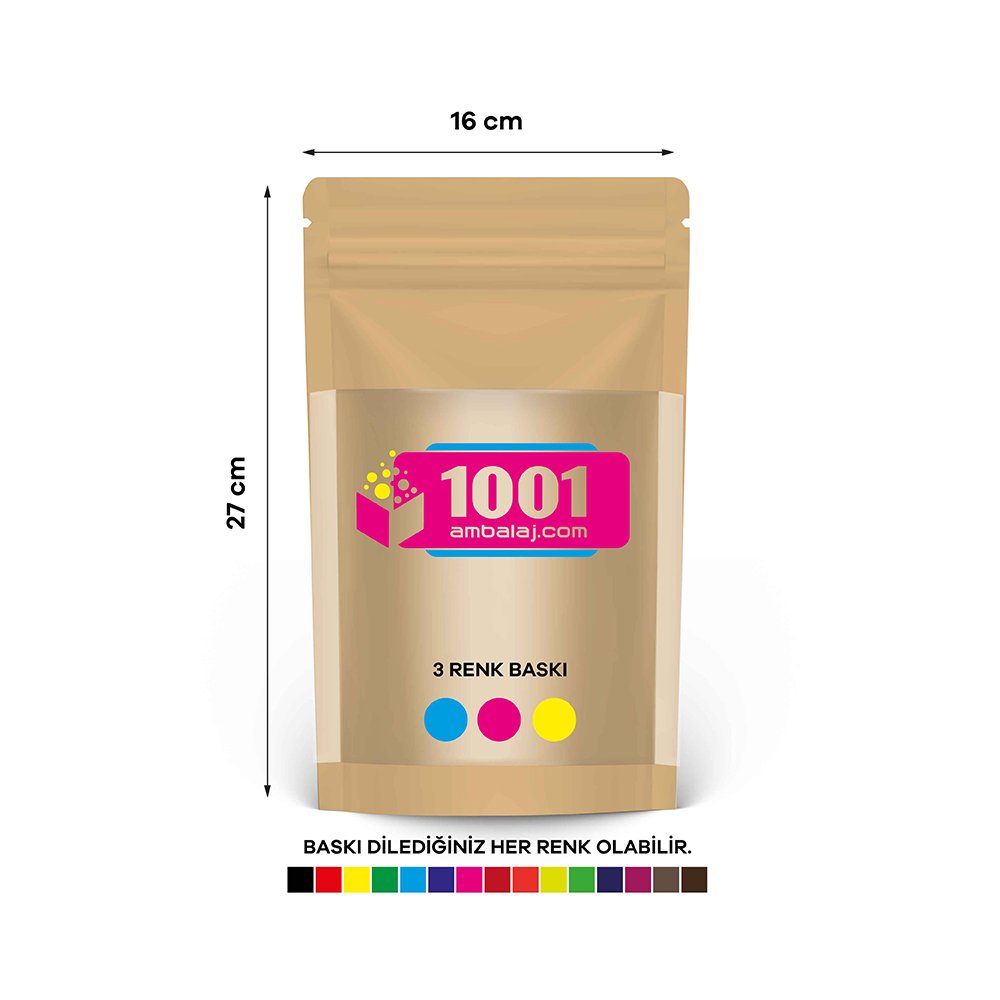 16X27 Cm 3 Baskılı Kraft Renkli Geniş Pencereli Tek Taraf Üç Renk Doypack Torba 500 Gr /46/