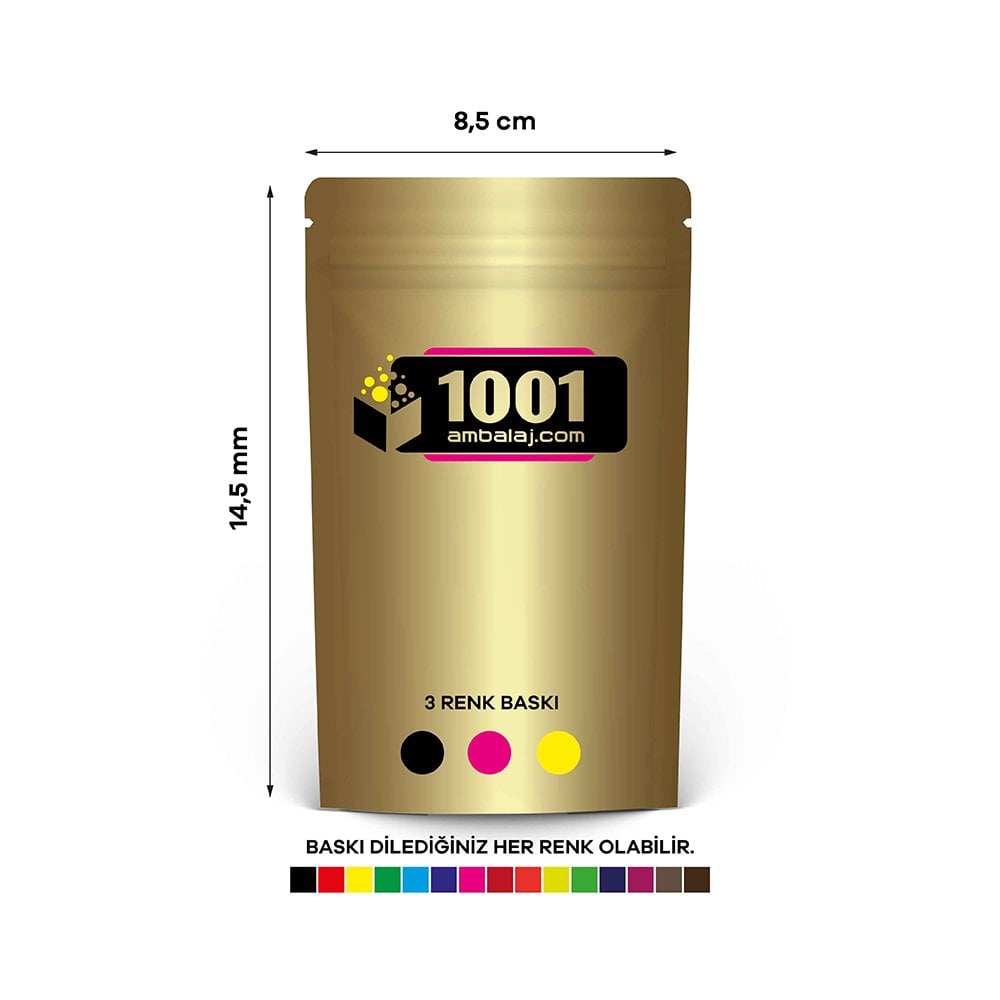 8,5X14,5 Cm 3 Baskılı Gold ( Altın ) Renkli Tek Taraf Üç Renk Doypack Torba 50 Gr /20/