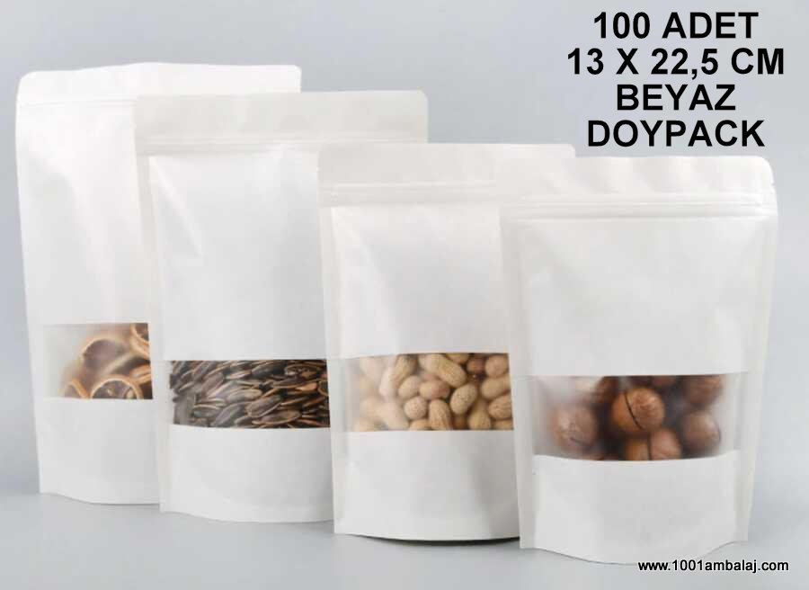 13X22,5 Cm Beyaz Pencereli 100 Adet Kilitli Doypack Torba 250 Gr /10/