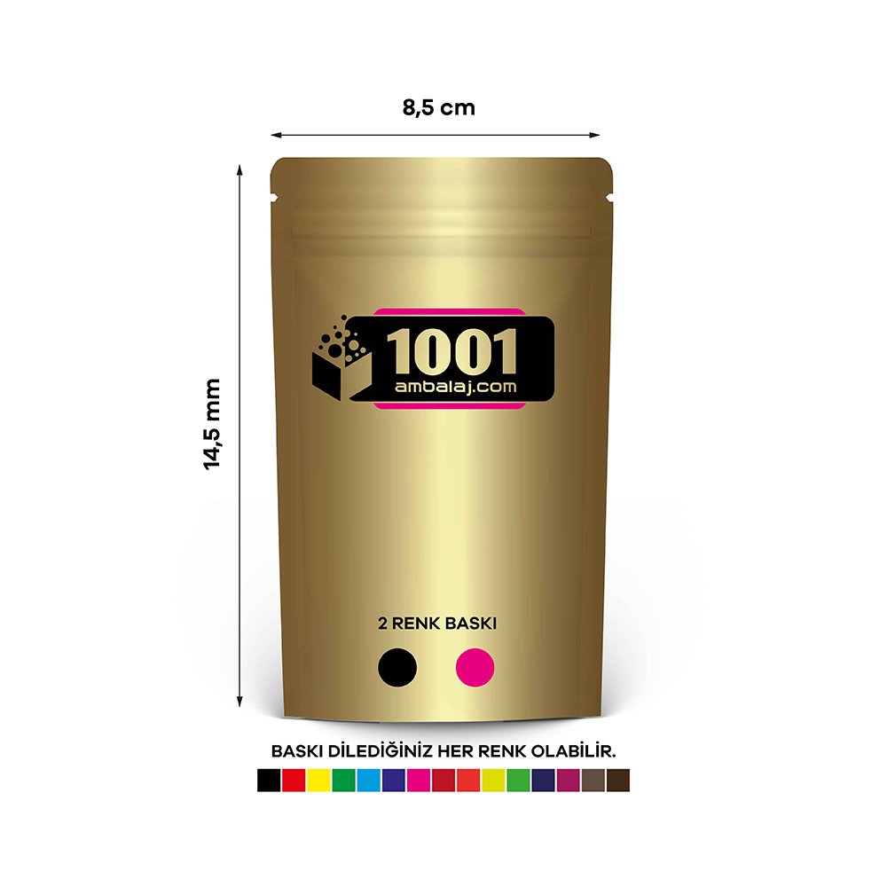 8,5X14,5 Cm 2 Baskılı Gold ( Altın ) Renkli Tek Taraf İki Renk Doypack Torba 50 Gr /20/