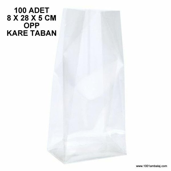 Opp Torba 8X28X5 Cm Yandan Körüklü Kare Tabanli Şeffaf 100 Adet