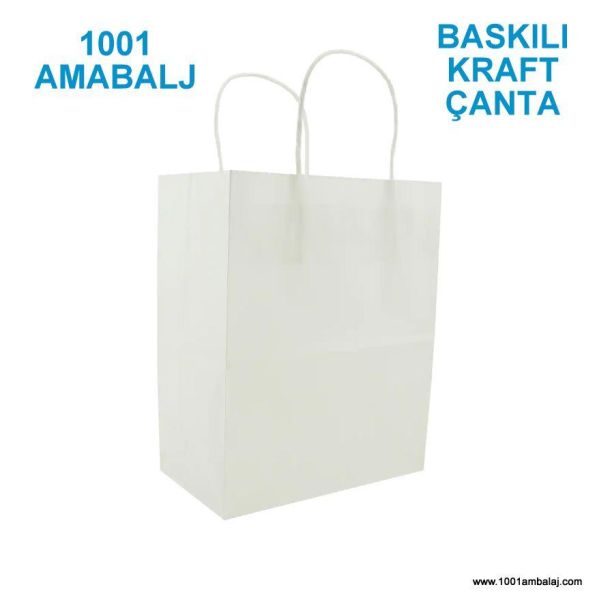 1 Renk Baskılı 32X12X41 Cm 110 Gr Kraft kağıt Çanta Beyaz Renk