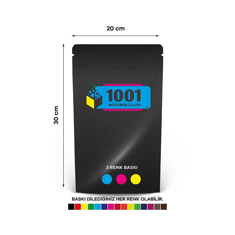 20X30 Cm 3 Baskılı Siyah Renkli Tek Taraf Üç Renk Doypack Torba 1000 Gr /65/