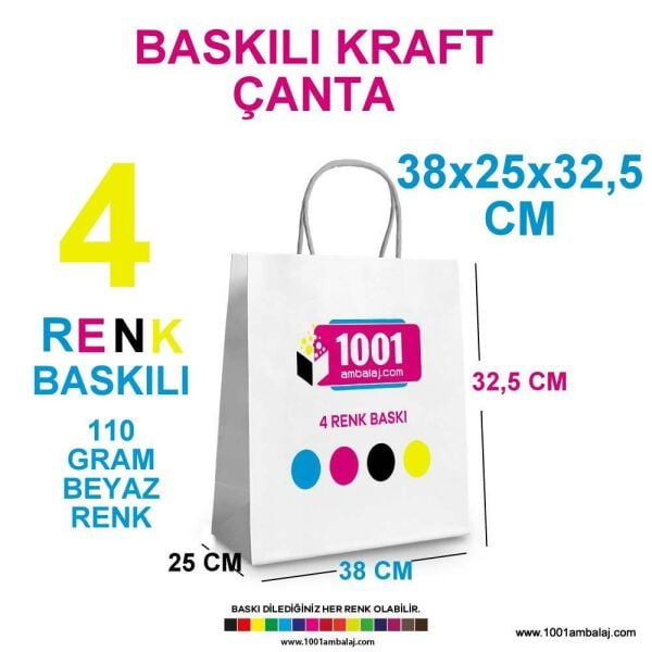 4 Renk Baskılı 38X25X32,5 Cm 110 Gr Kraft kağıt Çanta Beyaz Renk
