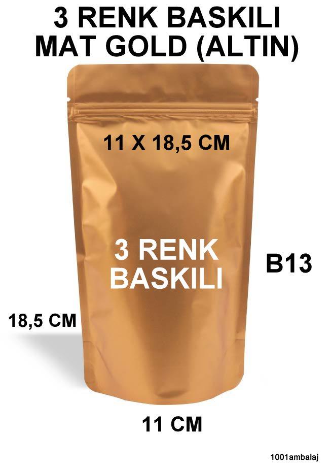 11X18,5 Cm 3 Baskılı Mat Gold ( Altın Renkli ) Tek Taraf Üç Renk Doypack Torba 100 Gr /25/