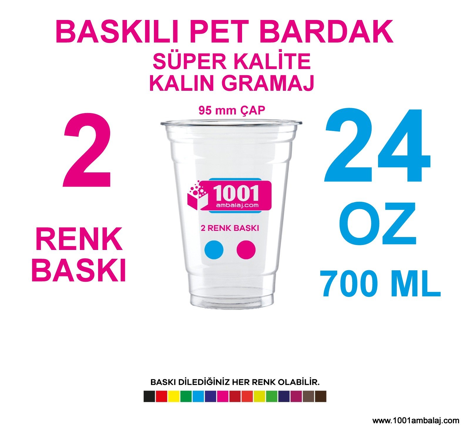 2 Renk Baskılı Pet Bardak 700 Ml 95 Çap Pet Bardak 24 Oz Ağır Gramaj