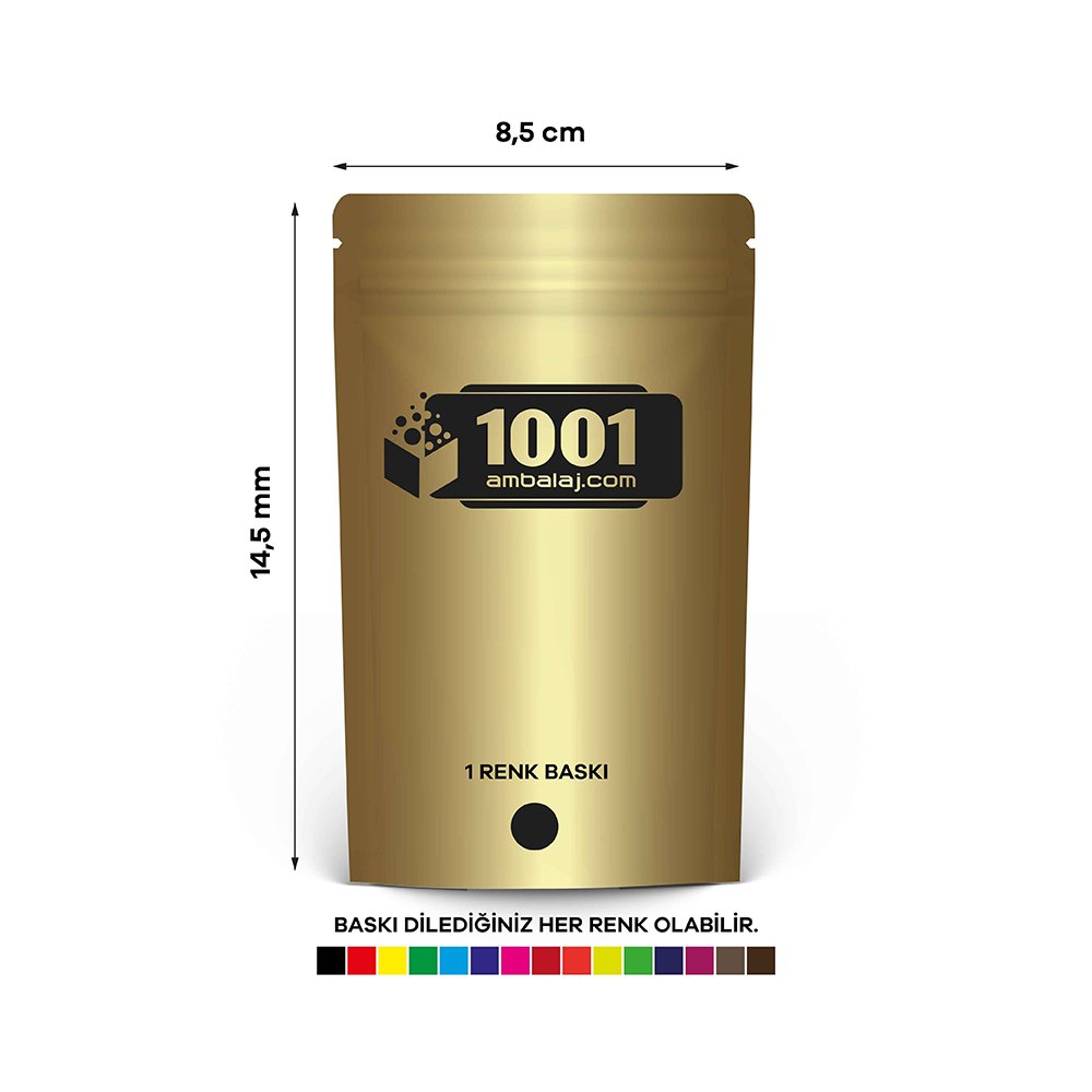 8,5X14,5 Cm 1 Baskılı Gold ( Altın ) Renkli Tek Taraf Tek Renk Doypack Torba 50 Gr /20/