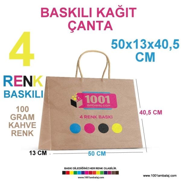 4 Renk Baskılı 50X13X40,5 Cm 100 Gr Kraft kağıt Çanta Kahve Renk