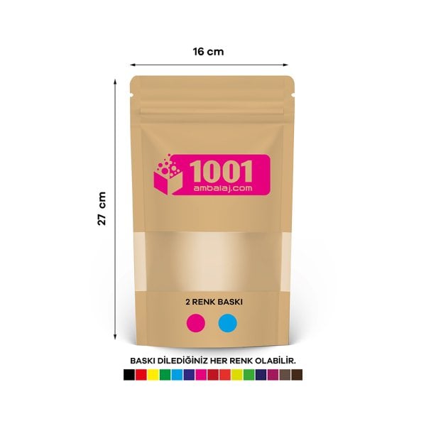 16X27 Cm 2 Baskılı Kraft Renkli Pencereli Tek Taraf İki Renk Doypack Torba 500 Gr /40/
