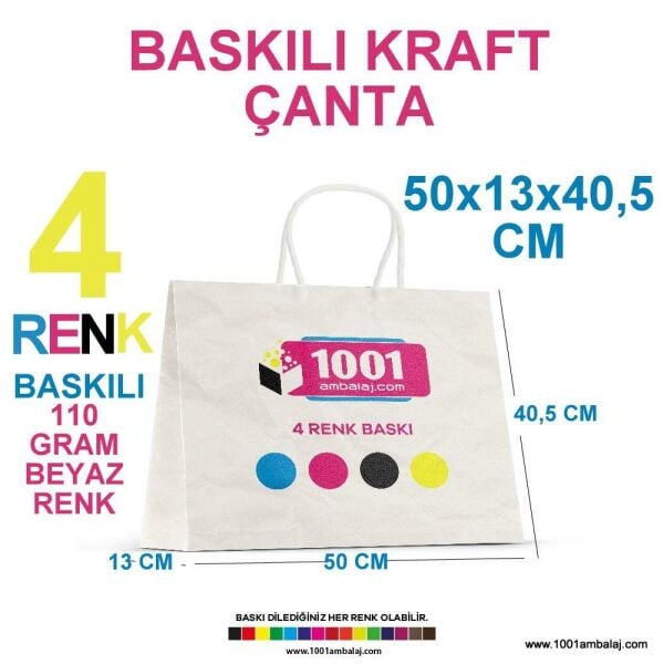 4 Renk Baskılı 50X13X40,5 Cm 110 Gr Kraft kağıt Çanta Beyaz Renk