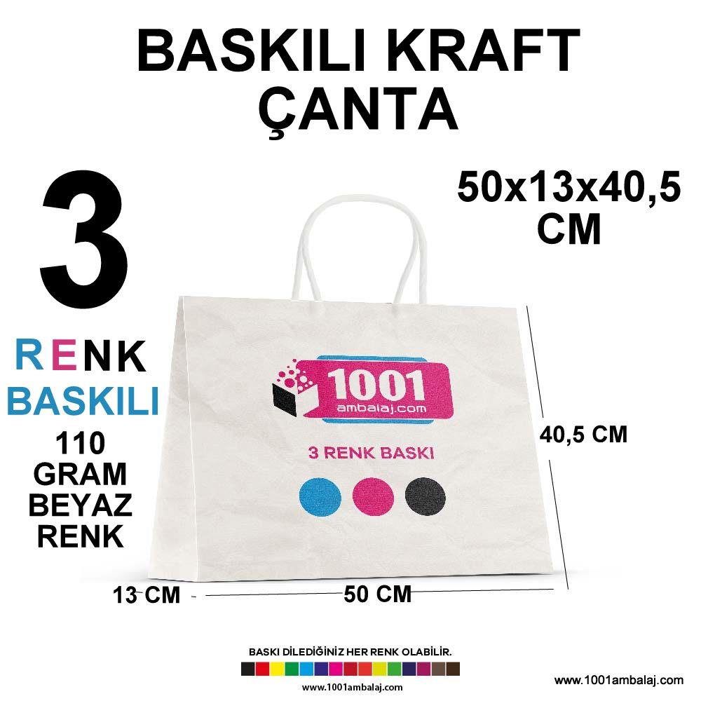 3 Renk Baskılı 50X13X40,5 Cm 110 Gr Kraft kağıt Çanta Beyaz Renk