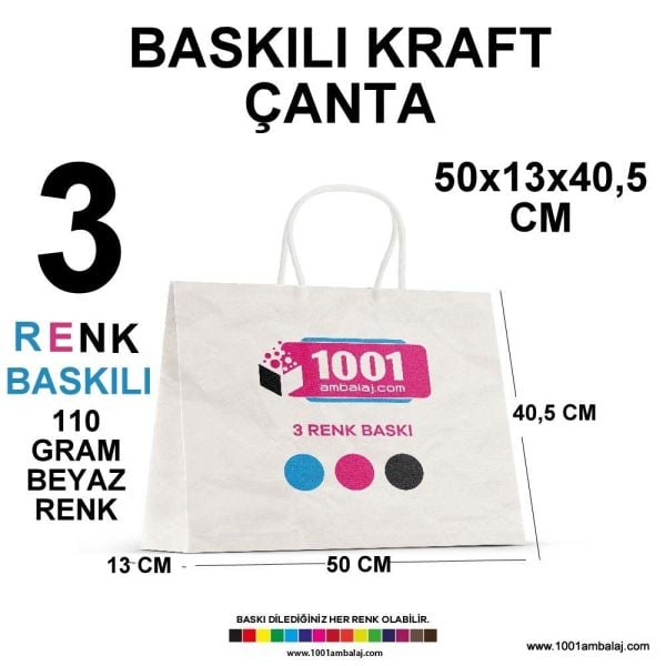 3 Renk Baskılı 50X13X40,5 Cm 110 Gr Kraft kağıt Çanta Beyaz Renk