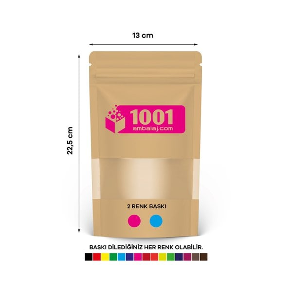 13X22,5 Cm 2 Baskılı Kraft Renkli Pencereli Tek Taraf İki Renk Doypack Torba 250 Gr /39/