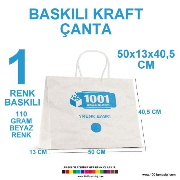 1 Renk Baskılı 50X13X40,5 Cm 110 Gr Kraft kağıt Çanta Beyaz Renk 5.000 ADET