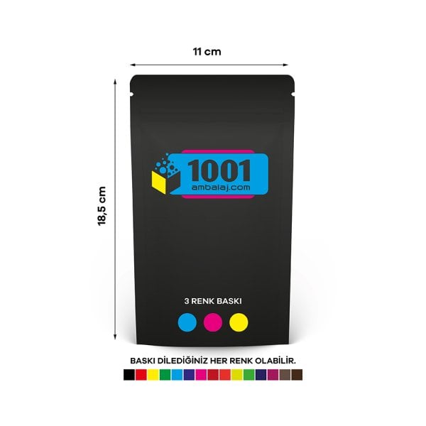 11X18,5 Cm 3 Baskılı Mat Siyah Renkli Tek Taraf Üç Renk Doypack Torba 100 Gr /66/