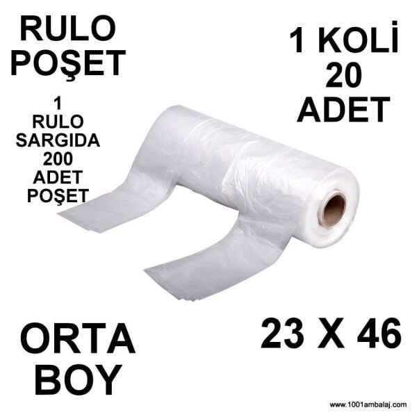 Rulo Poşet Orta Boy 23X46 Cm 20 Rulo (1 Rulo Sargıda 200 Adet Poşet )1 Koli