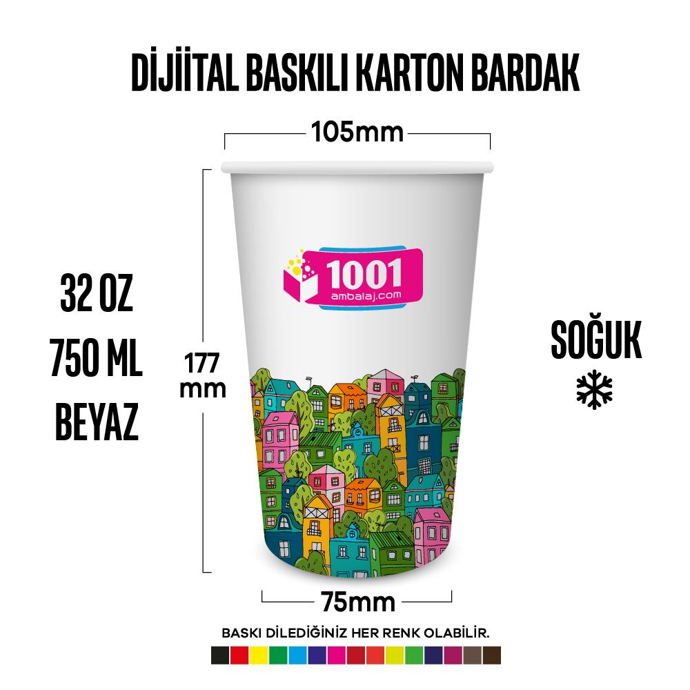 Dijital Baskılı 32 Oz Karton Bardak Tek Kat Duvarlı Beyaz Soğuk