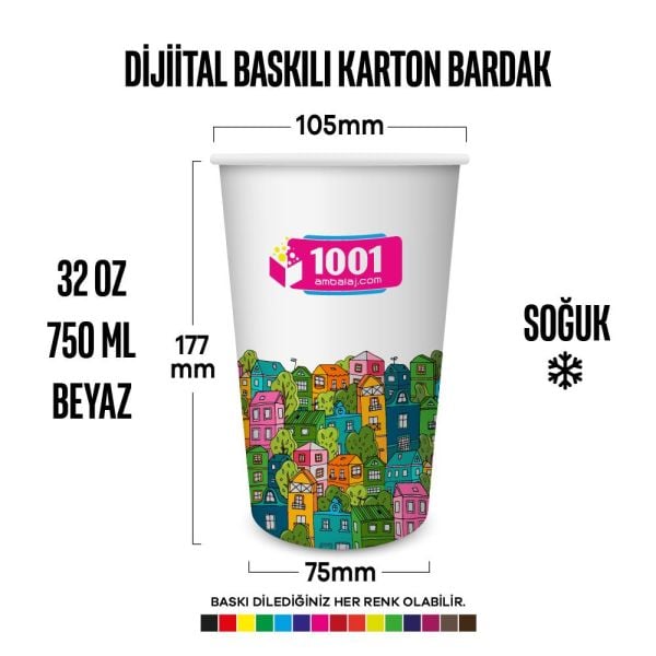 Dijital Baskılı 32 Oz Karton Bardak Tek Kat Duvarlı Beyaz Soğuk