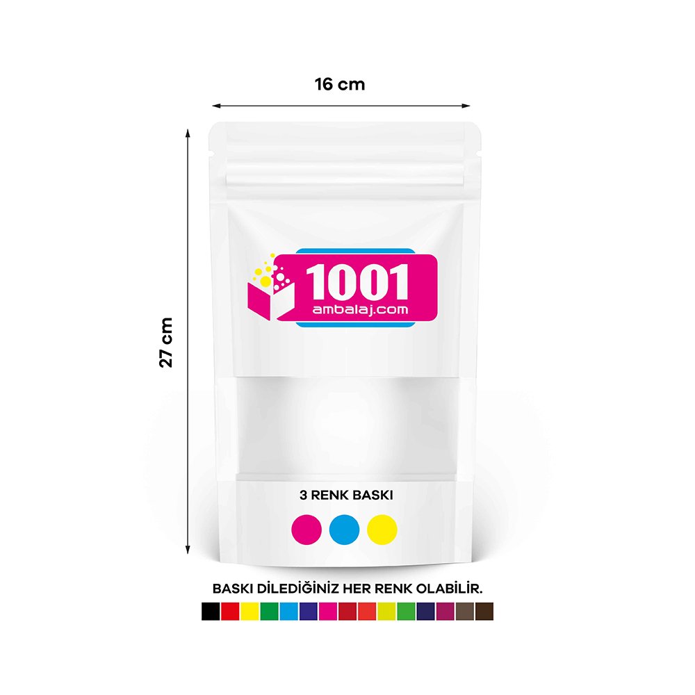 16X27 Cm 3 Baskılı Beyaz Renkli Pencereli Tek Taraf Üç Renk Doypack Torba 500 Gr /11/
