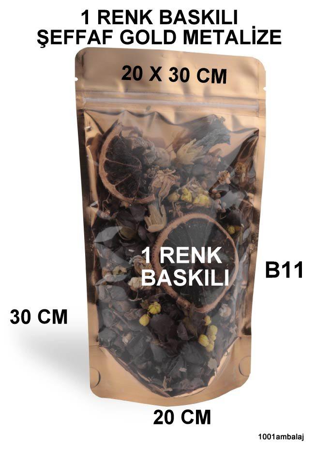 20X30 Cm 1 Baskılı Ön Şeffaf Arka Gold Metalize Renk Tek Taraf Tek Renk Doypack Torba 1000 Gr /52/